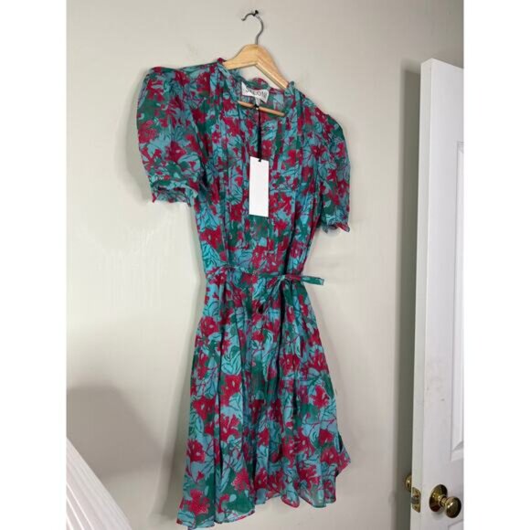 NWT Saloni Penny Floral-Print Shirt Ruffle Puff Sleeve Blue Mini Dress Size: 4 - Picture 3 of 7